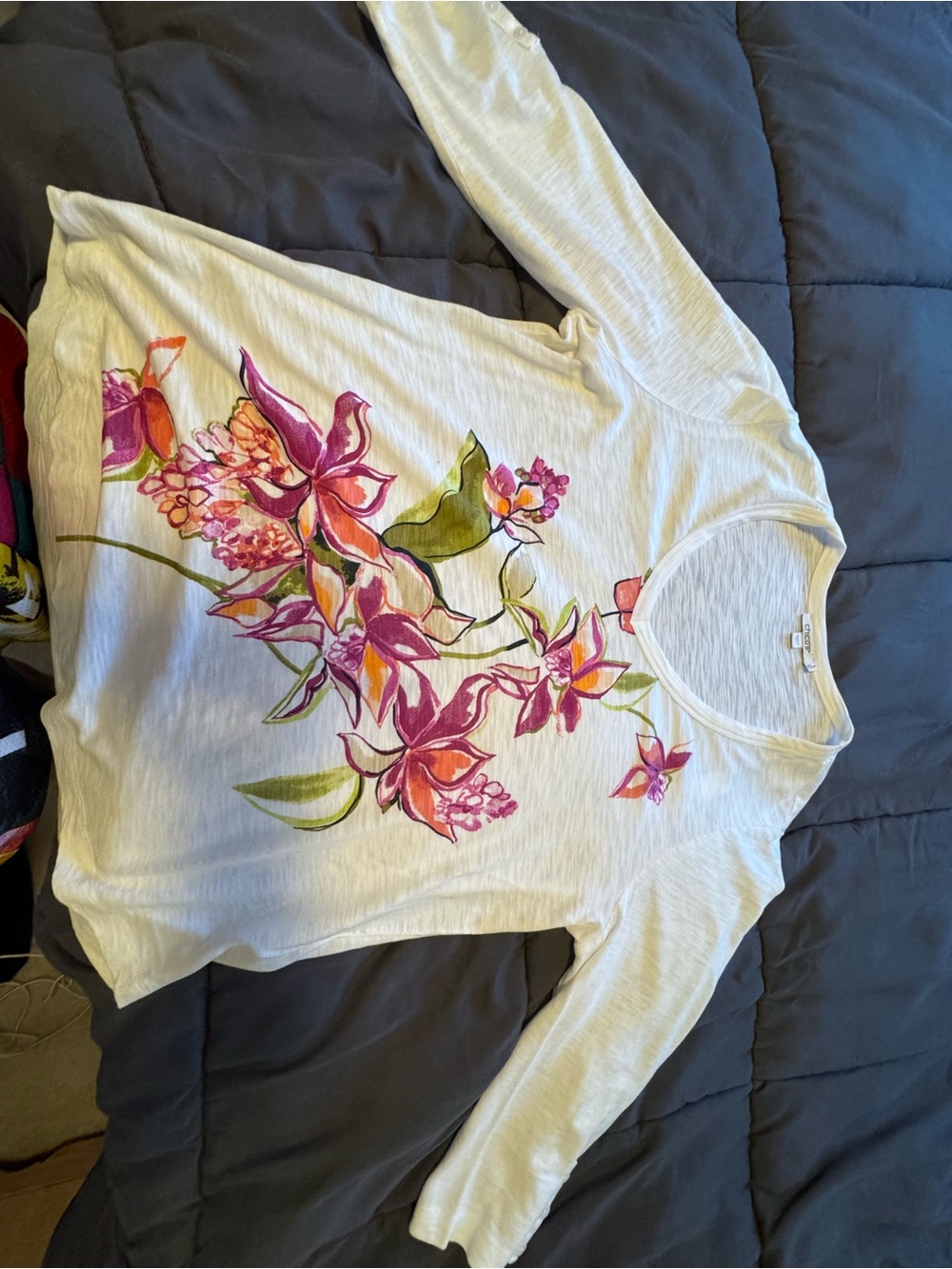 Chico's Cream Long-Sleeve Top with Pink & Green Floral Print